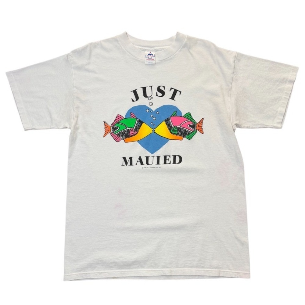 Vintage 80s Just Mauied Maui Fish Nature Beach Graphic Art Cute Marriage T-shirt